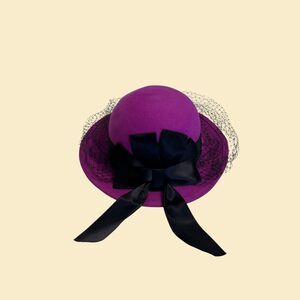 Vintage 80s Liz Claiborne purple hat w/ black netting, 1980s wool derby hat